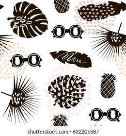 Palm branch trendy seamless pattern with hand drawn elements. Monstera leaf, sunglasses,pineapple,background. Great for fabric, textile Vector Illustration