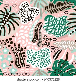 Palm branch trendy seamless pattern with hand drawn elements. Abstract tropical background. Great for fabric, textile Vector Illustration