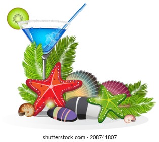 Palm branches with blue cocktail, starfishes, seashells and pebbles on white background