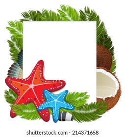 Palm branches with coconut, starfishes, seashells and pebbles with place for text 