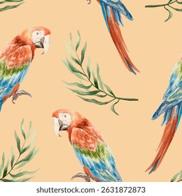 Palm branches and macaws seamless pattern, watercolor. Hand drawn vector illustration. For tropical banners, fabric, wrapping paper, wallpaper, covers, textiles.