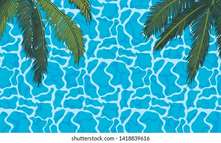 Palm branches on the background of the pool water surface, vector art illustration.