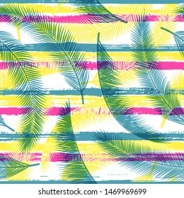 Palm branches overlapping stripes geometric botanical seamless pattern vector design. Tropical plant floral fabric print. Cool summer stripes, palm leaves seamless pattern. Tree branches over stripes