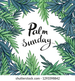 Palm branches surrounding golden Palm Sunday text on white background. Template to design greeting card, poster, banner, printable wall art, t-shirt and other, vector illustration