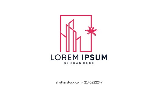 Diseño de la palma y el logotipo de la construcción con concepto único creativo Vector Premium
