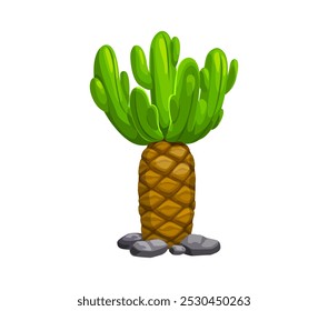 Palmera o cactus para el paisaje de la selva y el entorno prehistórico de la era de los dinosaurios, activo del juego del Vector. Árbol tropical de la historieta de la planta suculenta del bosque y del valle de la era del Jurásico para el activo del juego del dinosaurio