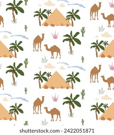 Palm Camel Pyramid Cactus Vector Seamless
Cute Camels with Cactus Seamless Pattern Good for Fabric Textile Vector Elements Desert Landscape Camels Cloud Cactus Seamless Pattern Vector Illustration