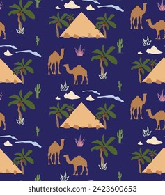 Palm Camel Pyramid Cactus Vector Seamless
Cute Camels with Cactus Seamless Pattern Good for Fabric Textile Vector Elements Desert Landscape Camels Cloud Cactus Seamless Pattern Vector Illustration