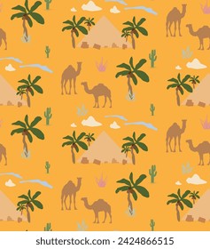 Palm Camel Pyramid Cactus Vector Seamless
Cute Camels with Cactus Seamless Pattern Good for Fabric Textile Vector Elements Desert Landscape Camels Cloud Cactus Seamless Pattern Vector Illustration