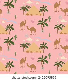 Cactus piramidal de camello de palma
Lindos camellos con el patrón sin costura del cactus bueno para la tela Textil Vector Elementos Desert Landscape Camels Nube Cactus Seamless Pattern Vector Illustración