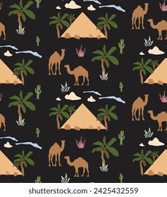 Cactus piramidal de camello de palma
Lindos camellos con el patrón sin costura del cactus bueno para la tela Textil Vector Elementos Desert Landscape Camels Nube Cactus Seamless Pattern Vector Illustración