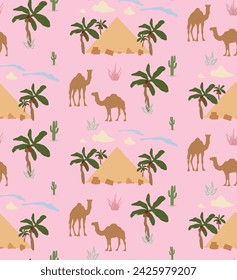 Cactus piramidal de camello de palma
Lindos camellos con el patrón sin costura del cactus bueno para la tela Textil Vector Elementos Desert Landscape Camels Nube Cactus Seamless Pattern Vector Illustración