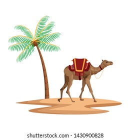 palm and camel with saddlery over the sand icon cartoon vector illustration graphic design