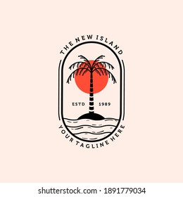 Palm oder Coconut Line Art Logo Vektorgrafik Design. Vintage Hand gezeichnete Palm Logo-Badge Template Design. Sonnenuntergang im Logo-Konzept der Insel.