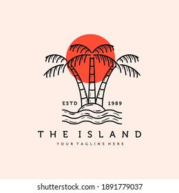 Palm or Coconut Line Art Logo Vector Illustration Design. Vintage Hand Drawn Palm Logo Badge Template Design. Sunset In The Island Logo Concept.