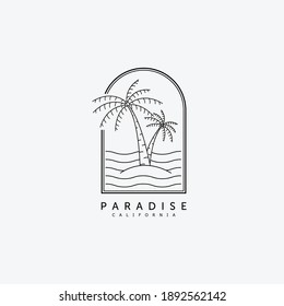 Palm or Coconut Line Art Logo Vector Illustration Design. Vintage Hand Drawn Palm Logo Badge Template Design. Sunset In The Island Logo Concept