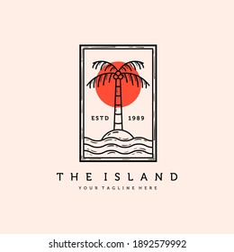 Palm or Coconut Line Art Logo Vector Illustration Design. Vintage Hand Drawn Palm Logo Badge Template Design. Sunset In The Island Logo Concept.