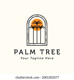 Palm or Coconut Line Art Logo Vector Illustration Design. Vintage Line Art Palm Tree Template Design. Sunset In The Island Logo Concept.