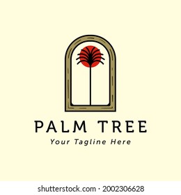 Palm or Coconut Line Art Logo Vector Illustration Design. Vintage Line Art Palm Tree Template Design. Sunset In The Island Logo Concept.