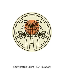 Diseño de la Ilustración del Vector con Logotipo Palm o Coconut. Diseño de plantillas de logotipo de Palm o Coconut. Concepto De Logo De Sunset In The Island.