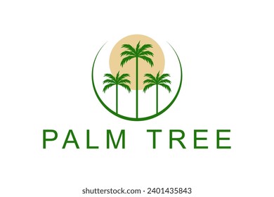 Palm or coconut plant tree logo on the beach at sunset. Nature outdoor icon illustration.