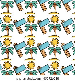 palm with coconut and sun with surfboard background