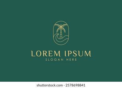 palm or coconut tree logo with ocean waves elements in gold color line art design style