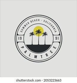 palm or coconut tree logo vintage with sunset vector illustration template icon design . retro island with typography style badge circle concept