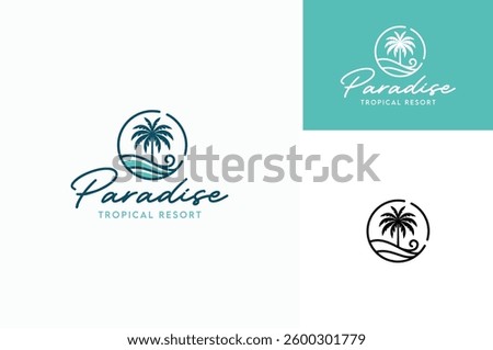 Palm Coconut Tree with Ocean Sea Water Wave for Tropical Lake Beach Shore Coast Resort hotel label logo design