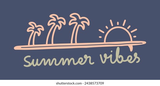The palm coconut tree and the sunset above surfboard vector design for t-shirt illustration