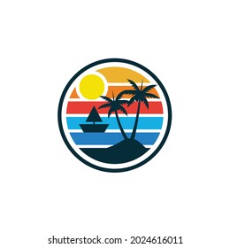 Palm- oder Kokospalmen Sonnenuntergang Beach Circle Vintage Logo Design Vektorgrafik	