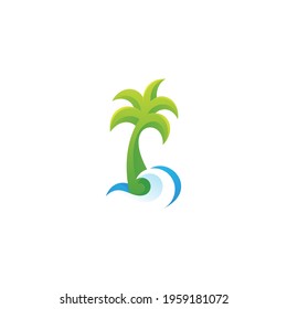 Palm Coconut Tree and Water Sea Wave Logo