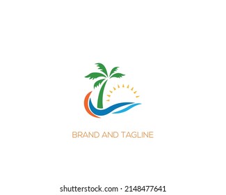 Palm or coconut tree and Water wave icon vector illustration design logo