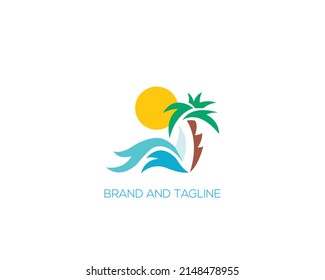 Palm or coconut tree and Water wave icon vector illustration design logo