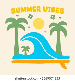 The palm coconut tree, waves and summer vibes vector design for t-shirt illustration