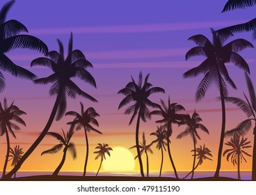 Palm coconut trees Silhouette at sunset or sunrise. Realistic vector illustration. Earth paradise on the beach