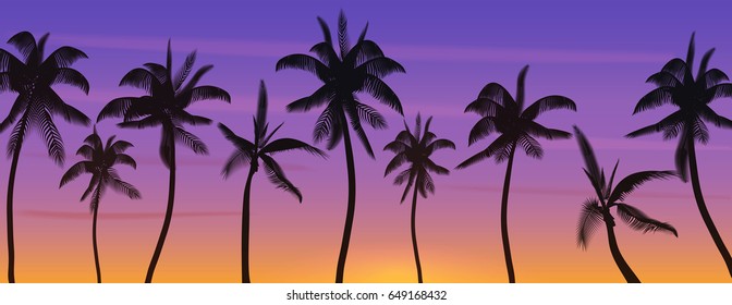 Palm coconut trees Silhouette at sunset or sunrise. Realistic banner vector illustration. Beach paradise.