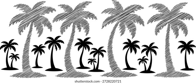 Bosquejo de palmeras o cocoteros y Ilustración vectorial sólida