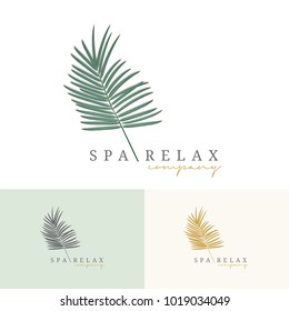 Palm coconut tress logo. For resort hotel packaging branding. Premium logo green and gold color style. Vector illustration. 