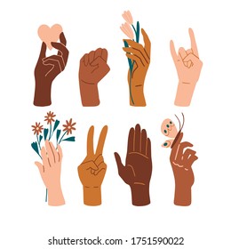 Palm collection  Different skin colors hands and flowers  Human palms  wrists  gestures  No racism  We are equal concept  Flat style social card  poster  banner   Supporting illustration  Vector