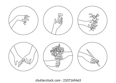 Palmensammlung. Menschliche Handflächen. Hände in verschiedenen Gesten, die Blume, Bürste, Schmetterling, Kirsche halten. Vektorkreissymbole. Linienstil.
