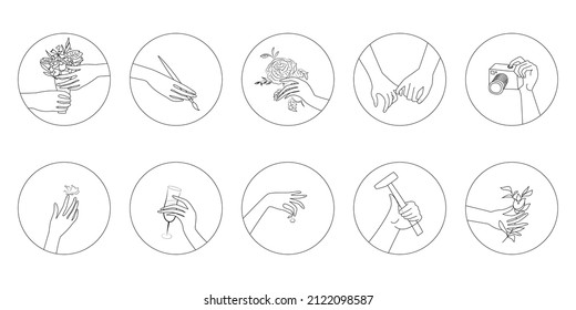 Palm collection. Human palms. Hands in different gestures holding flower, brush, butterfly, cherry, hammer, glass, camera. Vector circle icons. Clean and minimalist Line style.