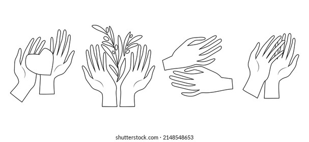 Palm collection. Human palms. Hands in different gestures. Vector logo icons. Clean and minimalist Line style.