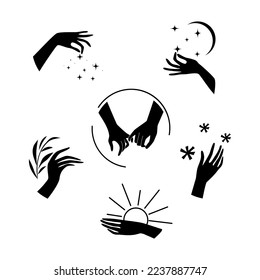 Palm collection. Human palms. Hands in different gestures . Vector icons. Line style.