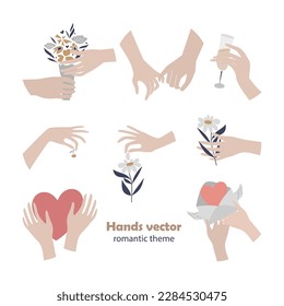 Palm collection. Human palms. Hands in different gestures holding flower, heart, buquet, cherry, envelope, glass, . Vector flat romantic icons. 