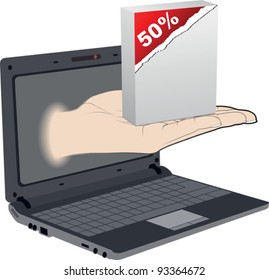 Palm come out from a screen of a laptop with fifty percent discount
