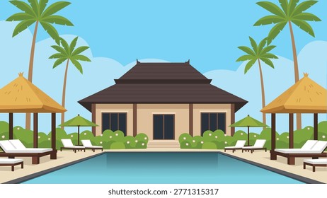 Palm Courtyard Bali Resort Flat Design Illustration