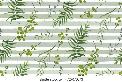 Palm different tree, foliage natural branches with green leaf berry tropical seamless pattern, watercolor style. Vector decorative beautiful cute elegant illustration on light blue stripped background