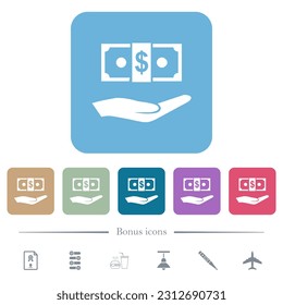 Iconos planos blancos de billetes en dólares y palma sobre fondo cuadrado redondeado de color. 6 iconos de bonificación incluidos