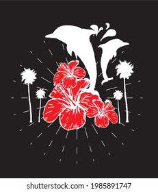 Palm dolphine and hibiscuse flower graphic design vector art